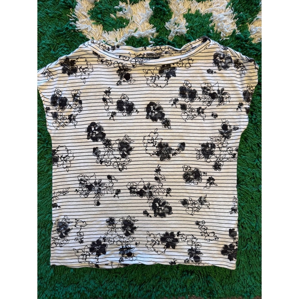 Lauren Ralph Lauren Floral Stripe Top Womens PS White Black Excellent Cap Sleeve